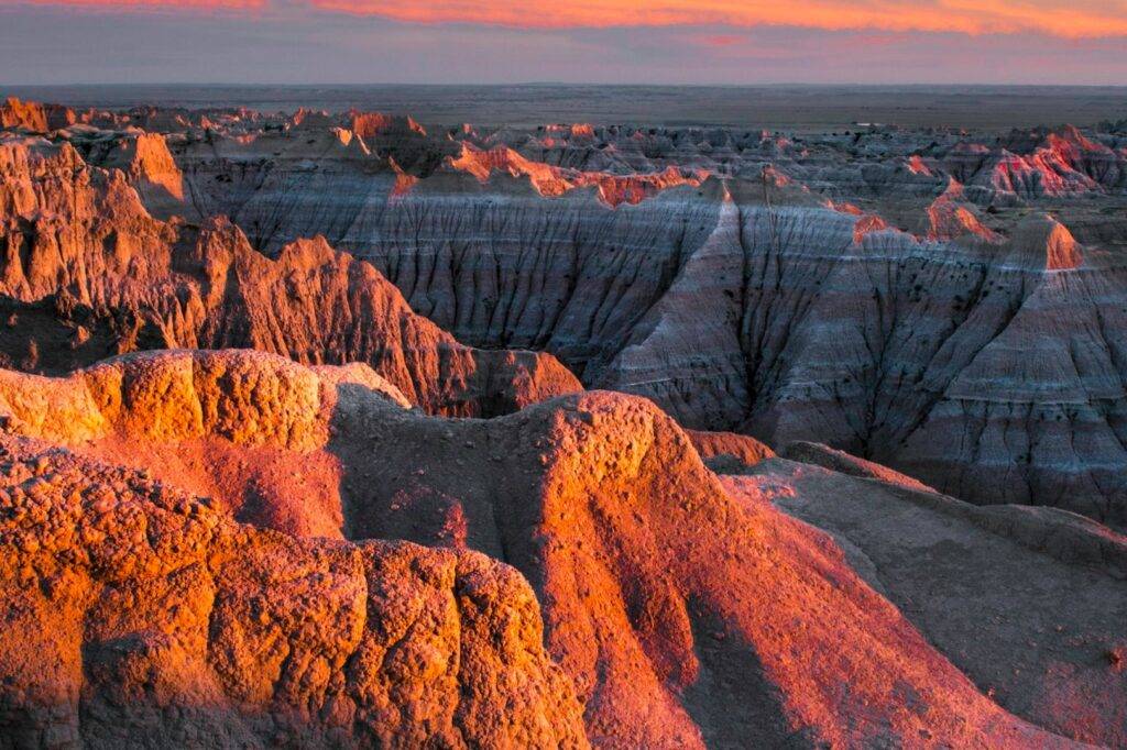 Dramatic landscape photo of The Badlands at sunset, Badlands National Park, South Dakota,nature photography