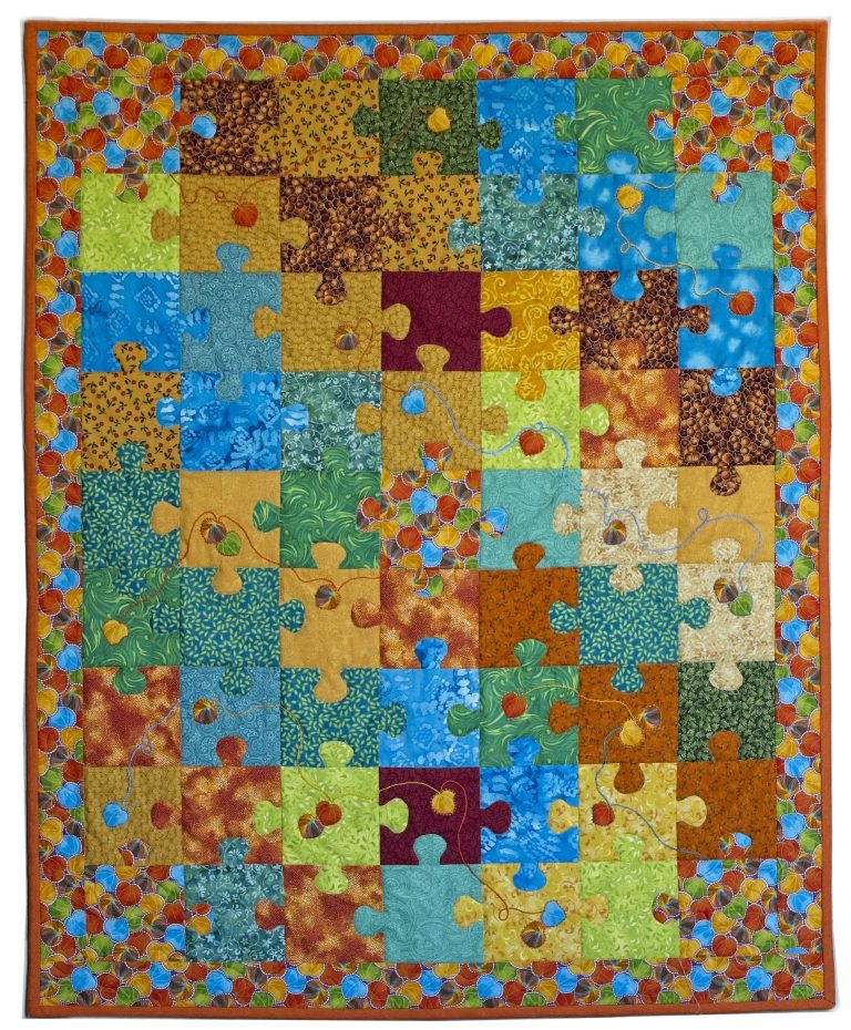 Child's quilt, jigsaw puzzle, hand and machine pieced, machine quilted