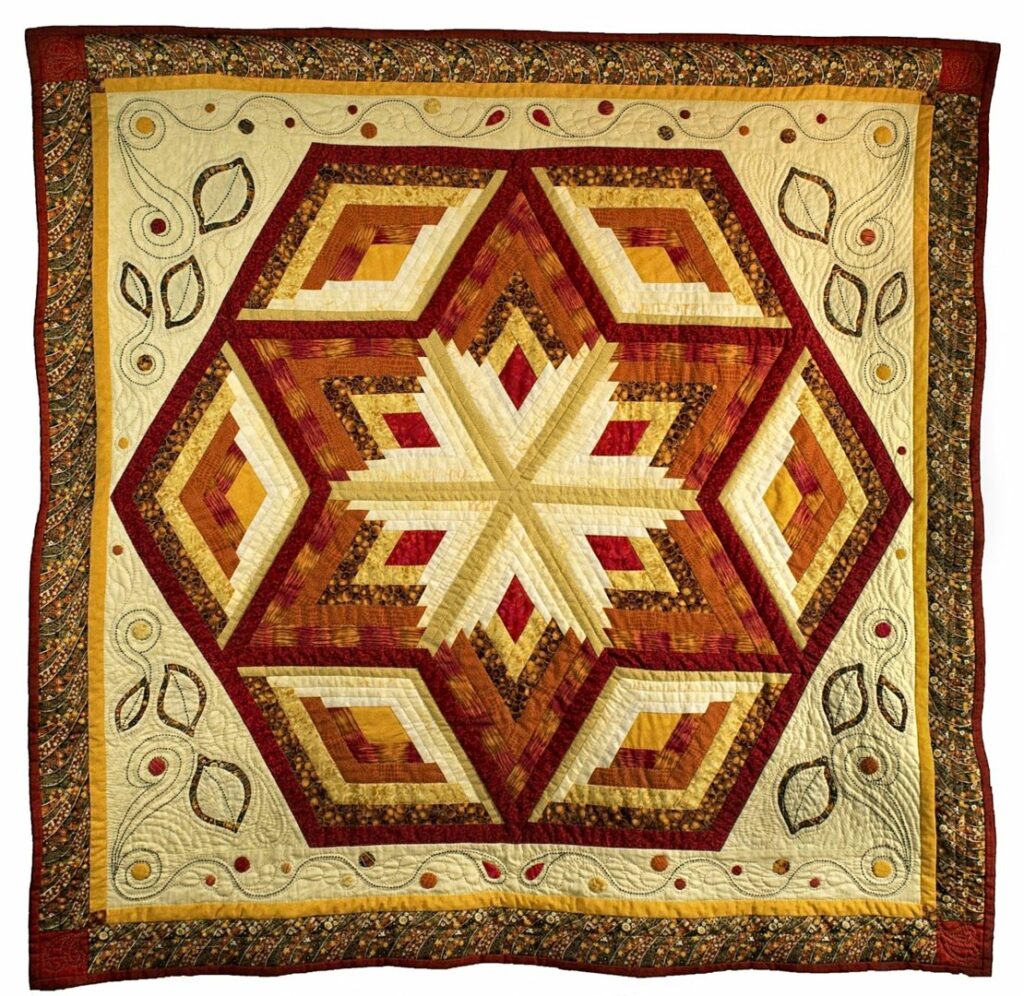 Autumn Leaves lap quilt, log cabin diamond stars with hand applique and embroidered details