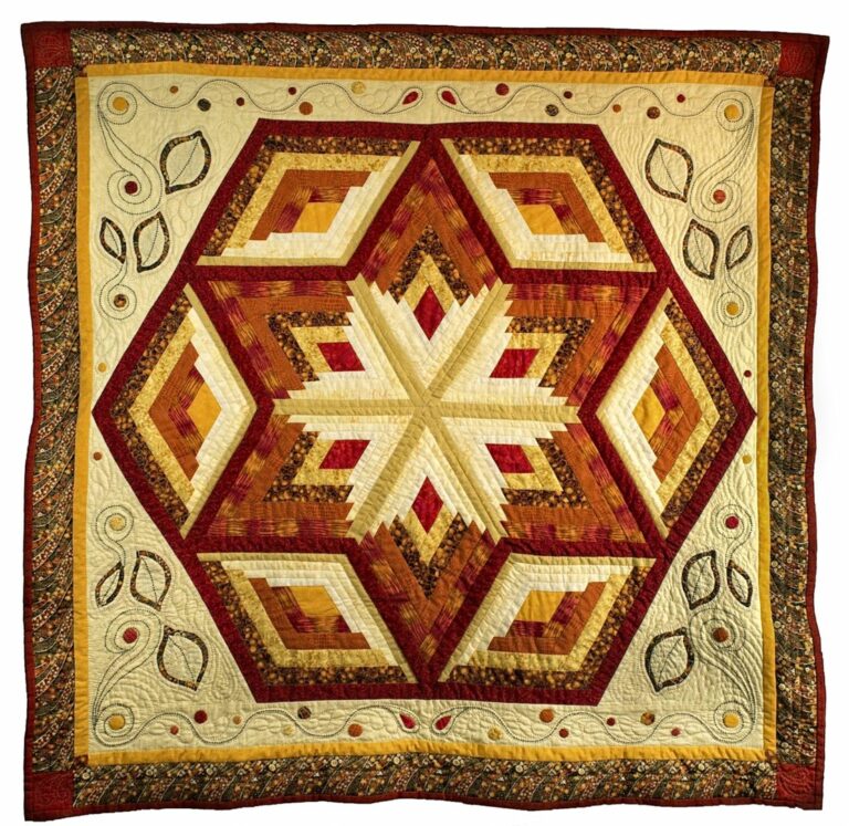 Autumn Leaves lap quilt, log cabin diamond stars with hand applique and embroidered details