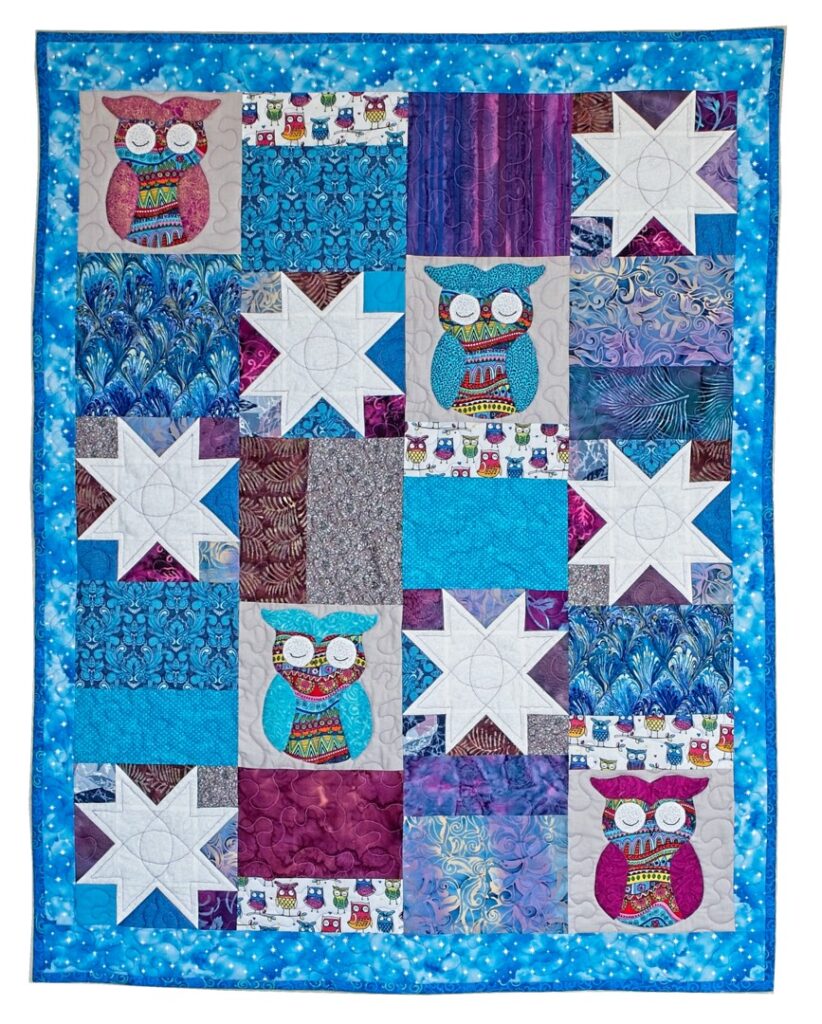 Child's quilt, owl quilt, hand-appliqued sleepy owls star quilt