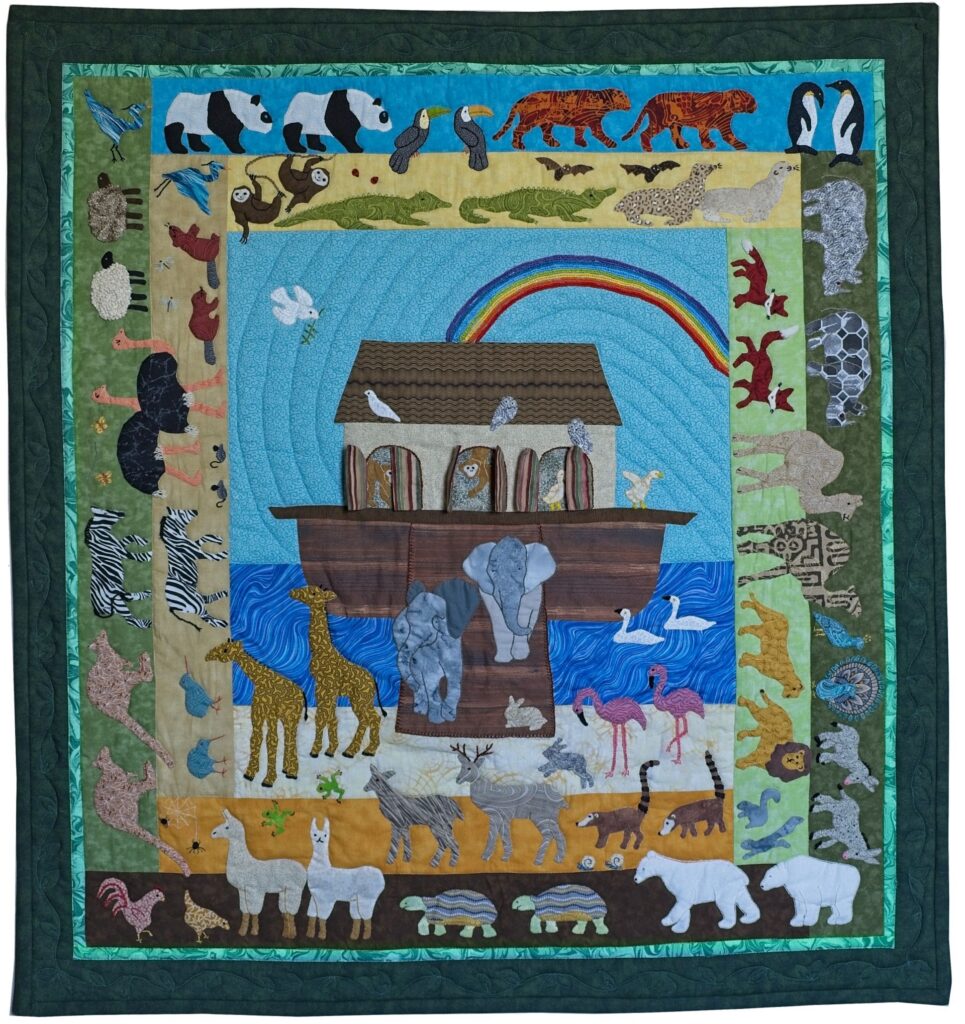 Noah's Ark quilt, ark art quilt, animal applique, Biblical wall hanging, Spingarn quilts