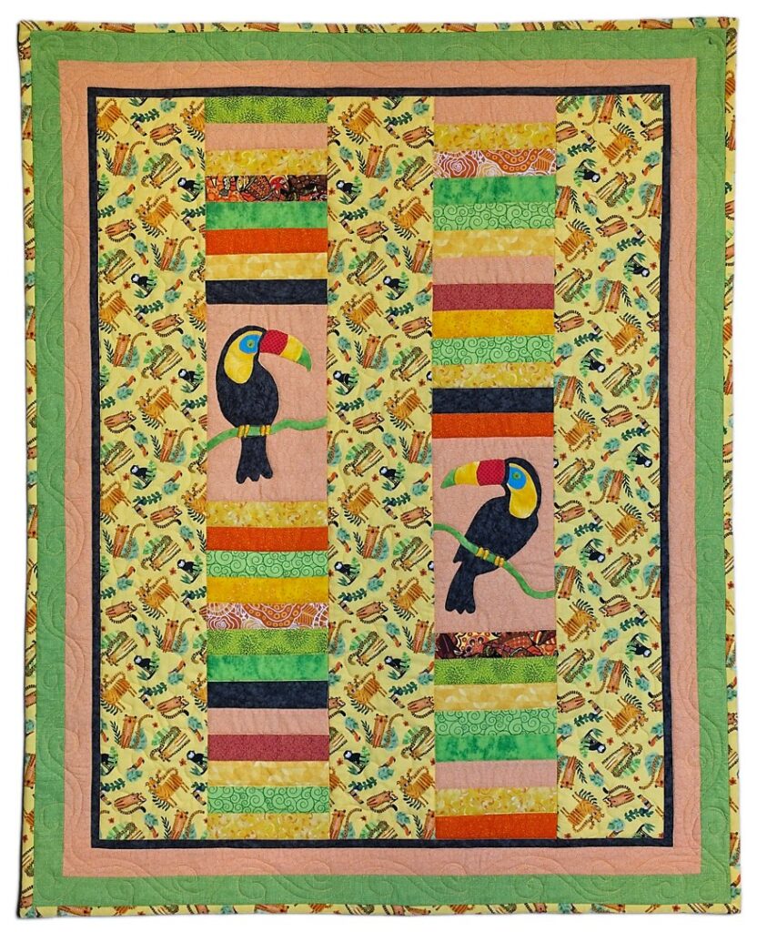 Child's quilt, jungle print, toucan applique, jungle animal quilt, Project Linus quilt, Spingarn quilts