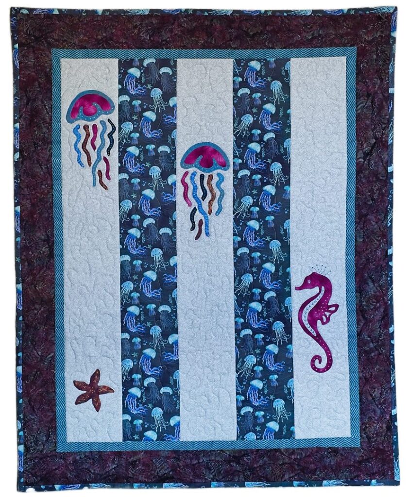 Child's quilt, ocean quilt, jellyfish print, seahorse applique, Project Linus quilt, Spingarn quilts