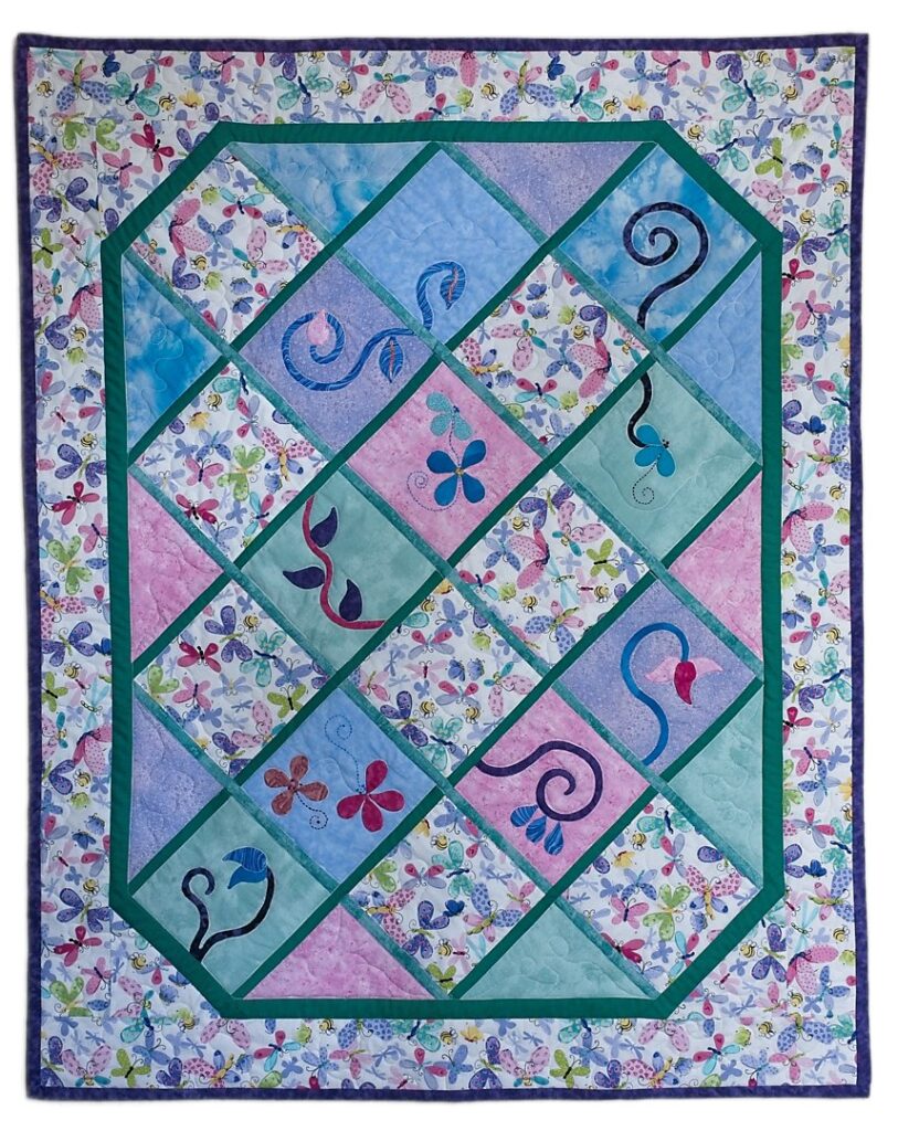 Child's quilt, butterfly quilt, applique vines, pastel butterflies, Project Linus quilt, Spingarn quilts