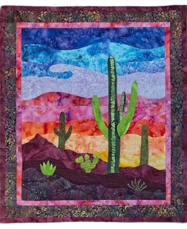Southwest quilt, saguaro cactus applique, sunset wall hanging, hand applique and hand quilted hanging