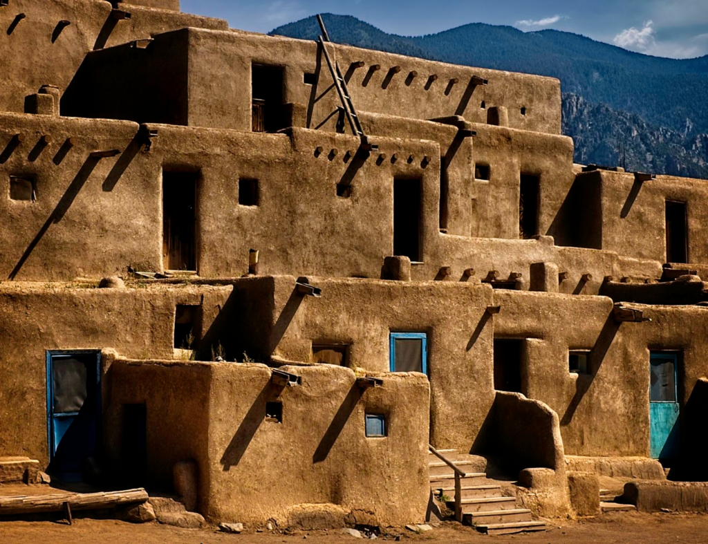 Taos Pueblo, New Mexico; Native American archaeology, New Mexico pueblos, adobe buildings, adobe wall, New Mexico historical sites, Richard Spingarn photography, Spingarn Studio